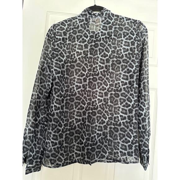 MICHAEL Michael Kors Womens Top Blouse Animal Print Bow Semi-Sheer Gray Black S - Picture 2 of 8